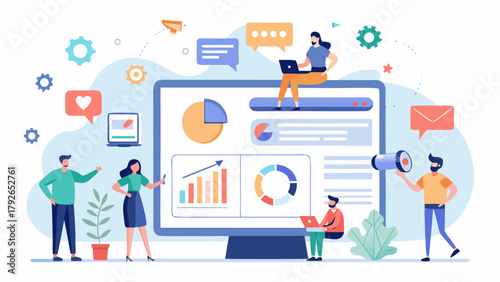 Teamwork and Data Analytics on a Large Computer Screen With Charts and Graphs