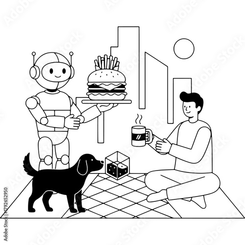 Artificial intelligence. Robot server brings burgers on tray. People, dogs and robots on city background. Minimalist outline sketch design art.