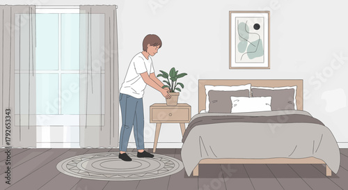 Person Arranging A Potted Plant In A Minimalist Bedroom Scene