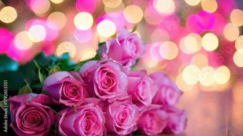 A bouquet of pink roses is on a table. The roses are arranged in a vase and are in full bloom