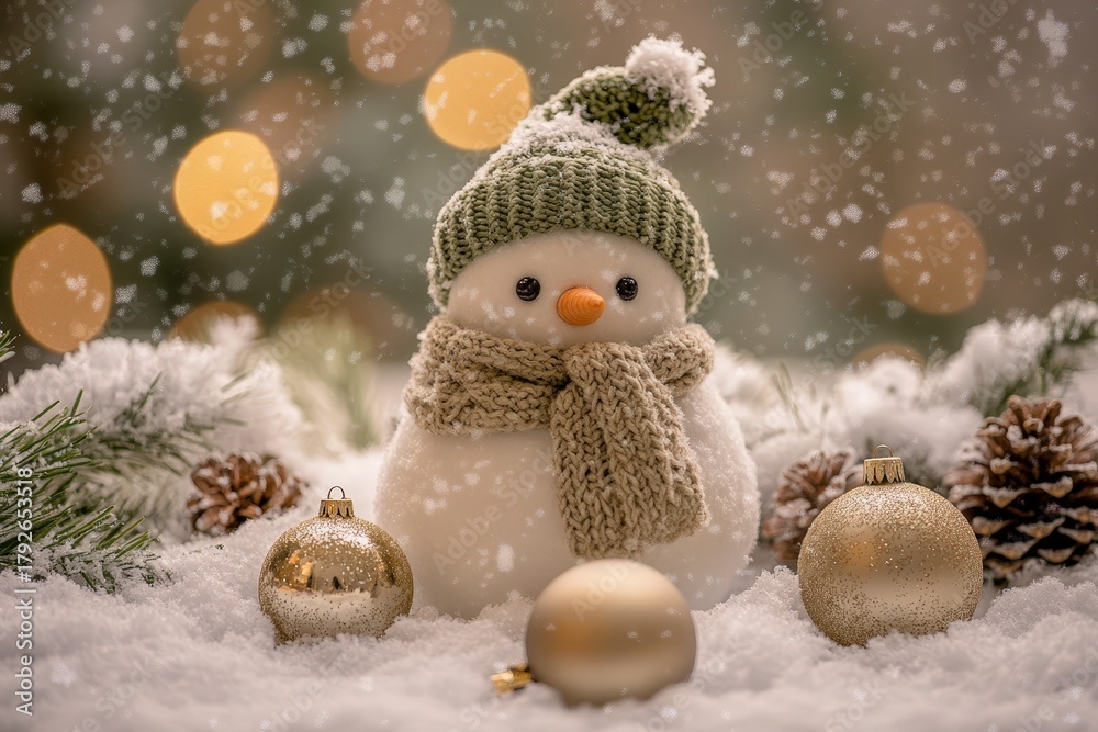 Obraz premium Adorable miniature snowman figure wearing winter accessories surrounded by holiday decorations and falling snow