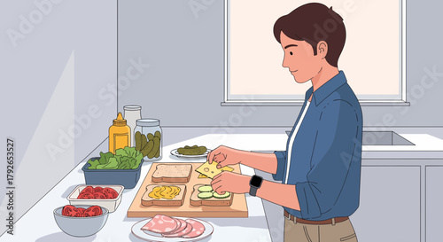 Person Preparing Sandwich With Fresh Ingredients In Minimalist Kitchen