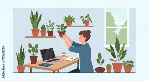 Person Tending Houseplants While Working From Home Illustration