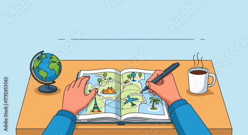 Planning World Trip In Sketchbook With Globe And Hot Coffee