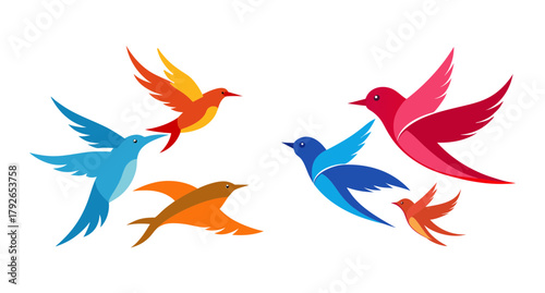 Colorful birds flying in formation against a