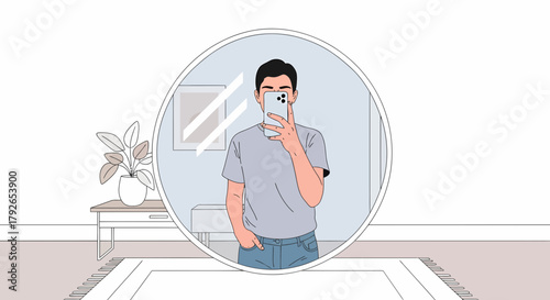 Self Portrait In Round Mirror Minimalistic Artistic Digital Illustration