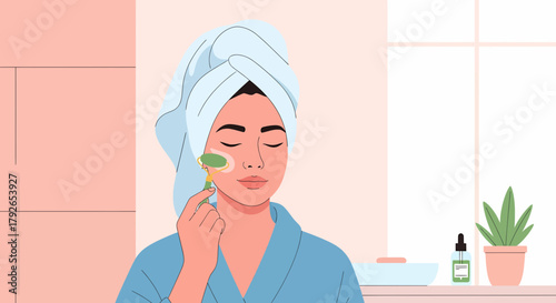 Serene Woman Enjoying Facial Massage With Jade Roller At Home