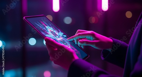 Person using tablet with neon abstract graphic technology