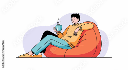 Cozy Morning: Relaxing With Coffee In A Comfortable Beanbag Chair