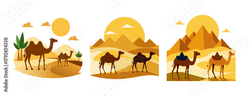 Desert camels journey through sandy dunes under sun