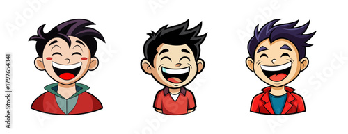 Three happy cartoon boys laughing together with wide smiles