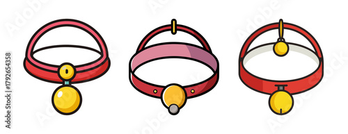 Three cute cat collars with bells red pink and orange variations