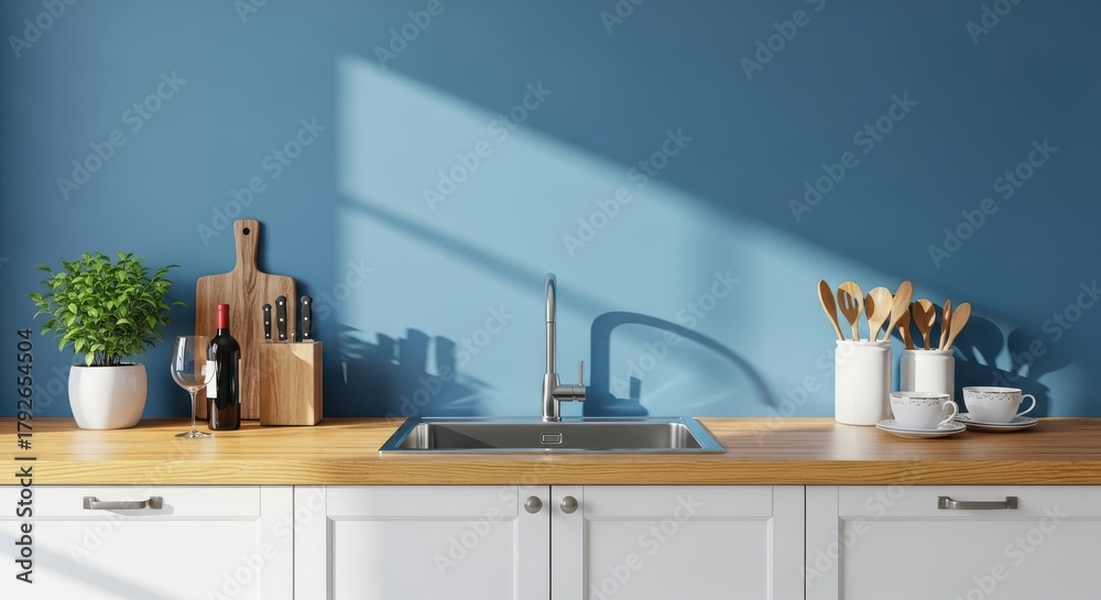 Fototapeta premium Clean and bright kitchen counter with a stainless steel sink, wooden countertop, and a blue wall with sunlight casting shadows