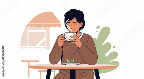 Woman Enjoying Hot Drink at Outdoor Cafe Table