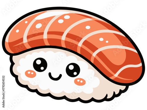 A cute, happy cartoon vector illustration of a smiling fish character next to a funny burger