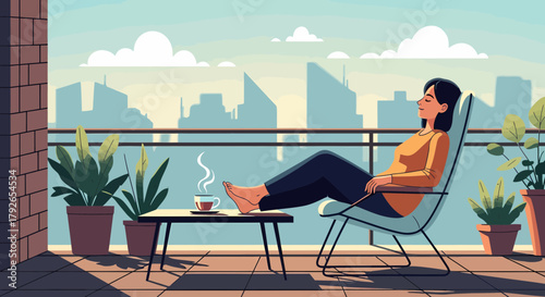 Woman Enjoying Morning Coffee On Balcony With City View