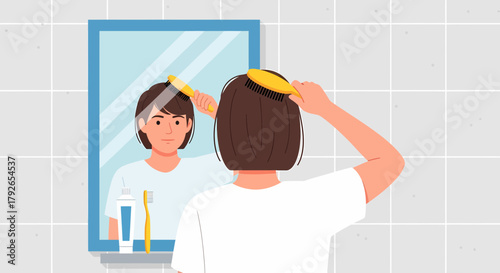 Woman Grooming Hair Looking At Mirror In Bathroom Interior