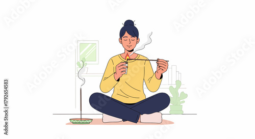 Woman Lighting Incense Stick In Living Room Relaxation Moment