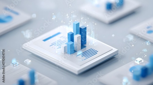 Abstract digital illust n of a dynamic 3D bar chart representing upward business analytics financial trends and data driven strategy development with glowing effects