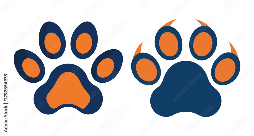 Fototapeta premium Two colorful animal paw prints orange and blue design
