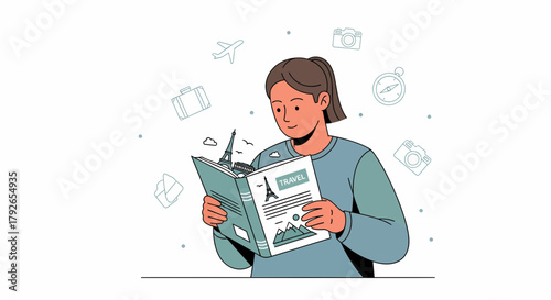 Woman Reading Travel Book Featuring Eiffel Tower Destination Dream