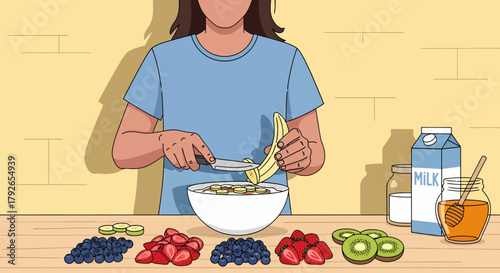 Woman Preparing Healthy Breakfast Bowl With Fresh Fruits At Kitchen