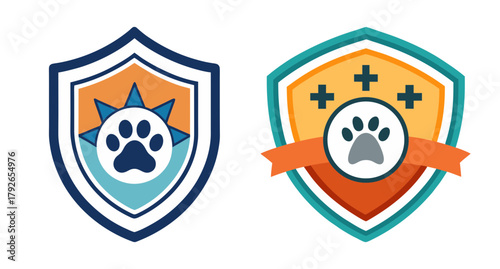 Cute animal rescue badges paw print shield emblem icons set