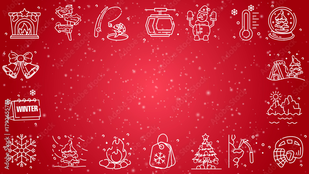 Fototapeta premium Doodle winter holiday icons line art seamless pattern with particles on a red background