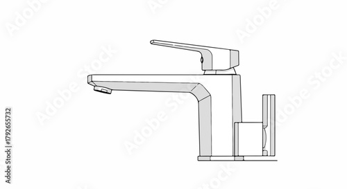 Modern single-handle faucet vector illustration. Technical line art of a bathroom or kitchen tap. Minimalist plumbing fixture isolated on white background