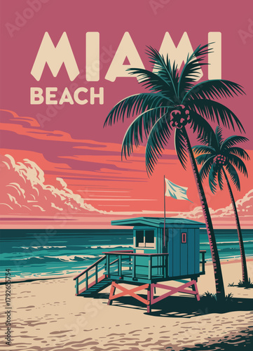 Miami beach retro poster, lifeguard house on the beach, palm, coast, surf, ocean, vector illustration vintage, colorful Florida seaside travel artwork, iconic summer beach scene design.