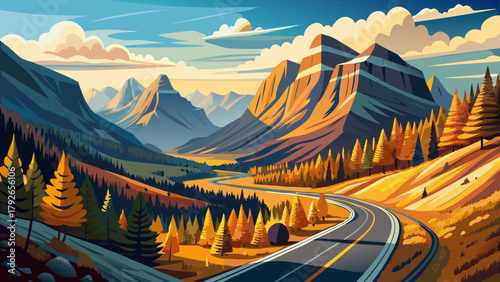 Very beautiful autumn view of Going-to-the-Sun Road in Glacier National Park, Montana, United States, featuring winding mountain roads, golden foliage, rugged peaks, and breathtaking valley views, cap