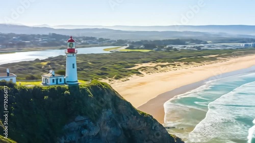 Image is a vibrant landscape photograph showcasing a coastal scene. The layout features a sweeping view of the coastline with a prominent white lighthouse with a red top situated on a cliff in the for