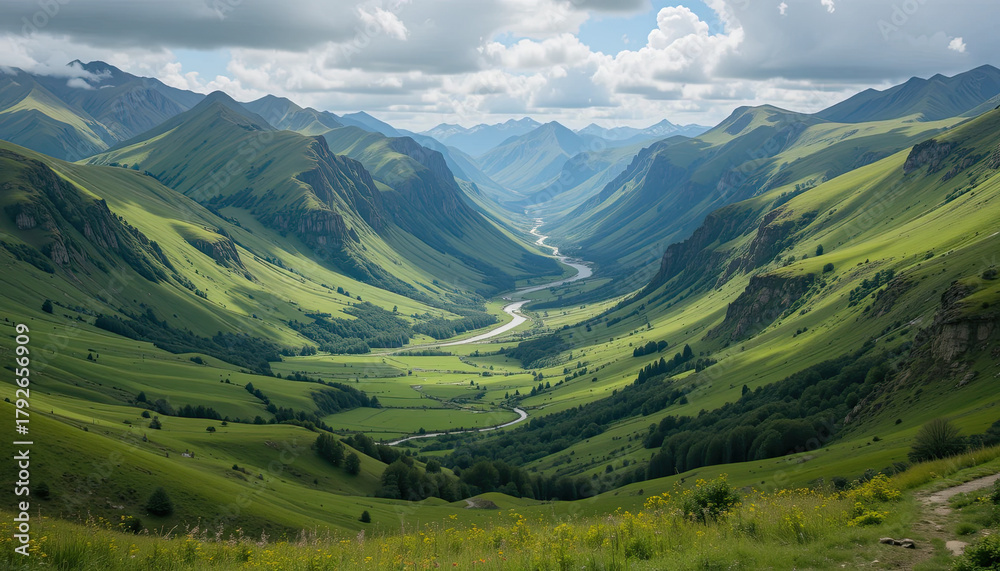 Naklejka premium Breathtaking panoramic vista of verdant mountains and a serene river valley, ideal for travel blogs, nature documentaries, and promotional materials, showcasing adventure and tranquility