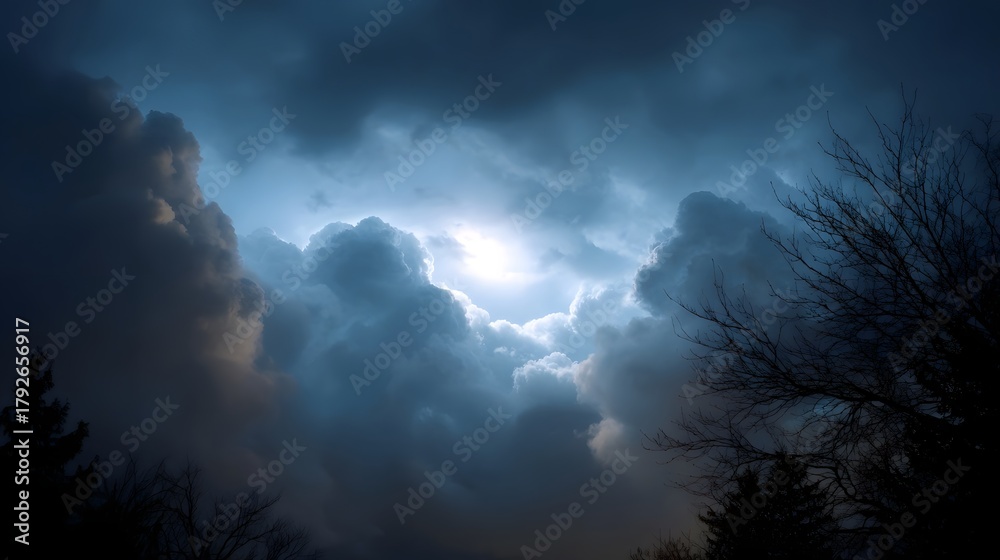 Fototapeta premium A dramatic sky with stormy dark clouds parting to reveal a bright luminous light source with silhouetted trees in the foreground