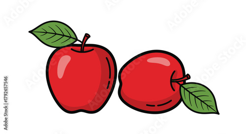 Two Fresh Red Apples with Green Leaves Illustration