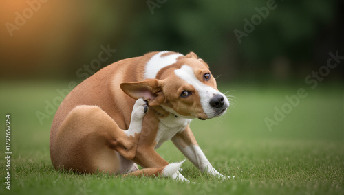 A cute brown and white dog scratching an itchy ear with its hind leg. Pet health concept for allergies, fleas, or skin irritation. Canine sitting on a green grass lawn outdoors