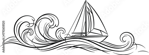 Stylized sailboat navigating through large, dynamic waves, representing adventure and the sea