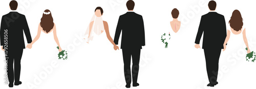Stylized rear-view wedding couples holding hands, vector illustration for romantic celebration, bridal fashion, and editorial lifestyle content