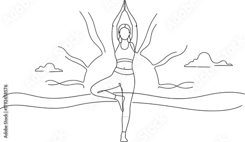 A minimalist line drawing of a woman performing the tree pose vrksasana in yoga, with stylized trees and clouds in the background, representing balance, health, and mindfulness