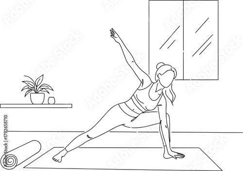 Woman practicing yoga in a room, performing a warrior pose on a mat with a rolledup mat and plant nearby, promoting health and wellness