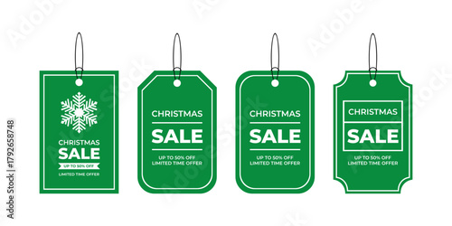 Christmas and New Year Sale Tags Collection in Green Color, Sale Labels Set with Discount, Vector Illustration