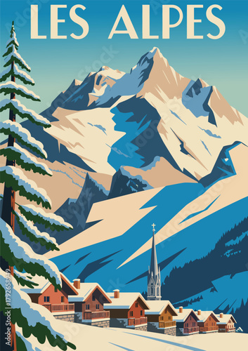 Nature and landscape, vector illustration of winter landscape against the backdrop of mountains and a ski village, scenic background, card or cover design, cozy snow-covered scenery artwork.