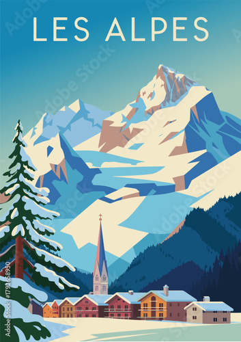 Nature and landscape, vector illustration of winter landscape against the backdrop of mountains and a ski village, scenic background, card or cover design, cozy snow-covered scenery artwork.