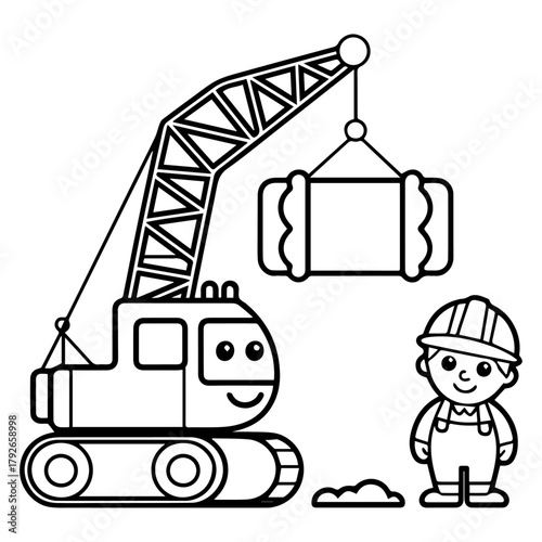 Cute cartoon construction worker boy operating a smiling crane lifting a heavy object line art, illustration for kids coloring book, education and engineering theme, black and white vector design