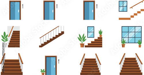 Stylized stairs, doors, and windows illustration set, vector artwork for architectural design, interior planning, and editorial building content