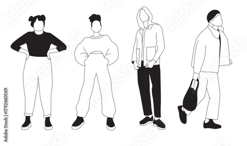 Set of 4 casual queer models, Illustration Portraits Outline - Characters SVG 