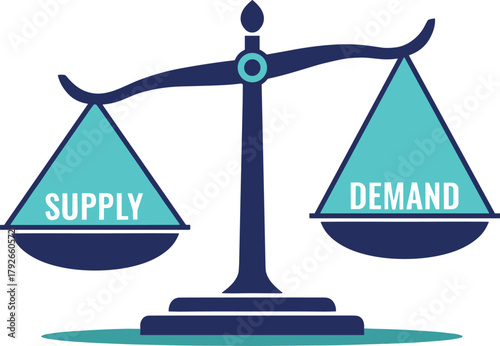Supply and demand imbalance, economic scale illustration, market concept, business pressure, pricing dynamics, vector design, blue tone, financial icon set