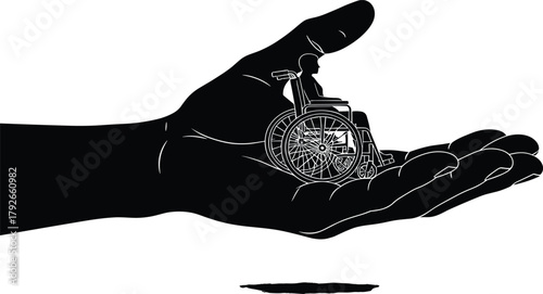 Support and care icon set, silhouette hand holding person in wheelchair, black and white illustration, compassion, disability, protection, healthcare, vector grid