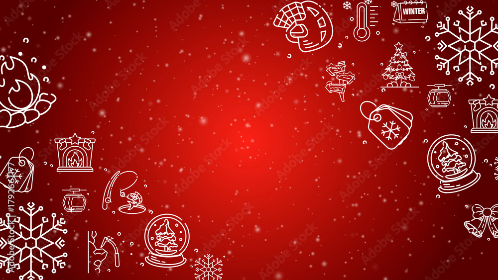 Fototapeta premium Doodle winter holiday icons line art seamless pattern with particles on a red background.