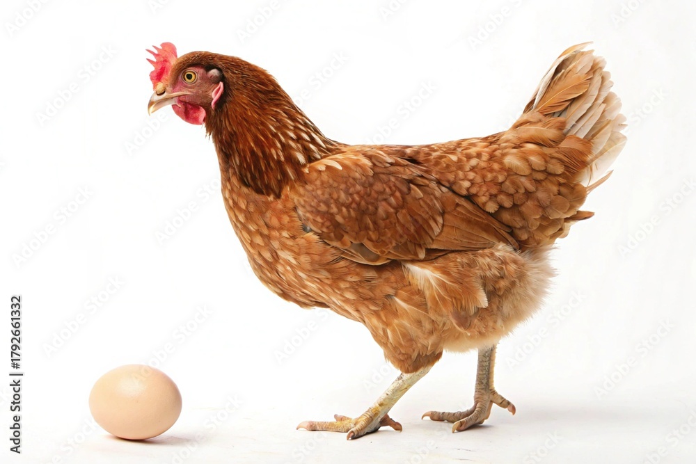 Fototapeta premium A brown hen stands next to a single egg on a white background.